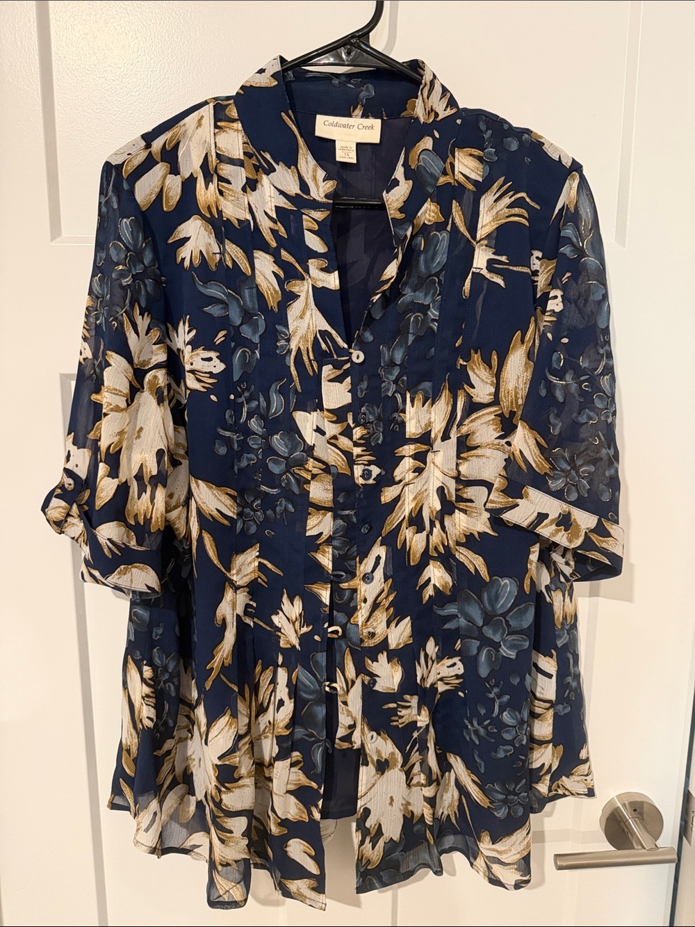 Coldwater Creek Navy Blue Floral Sheer Button-Front Blouse